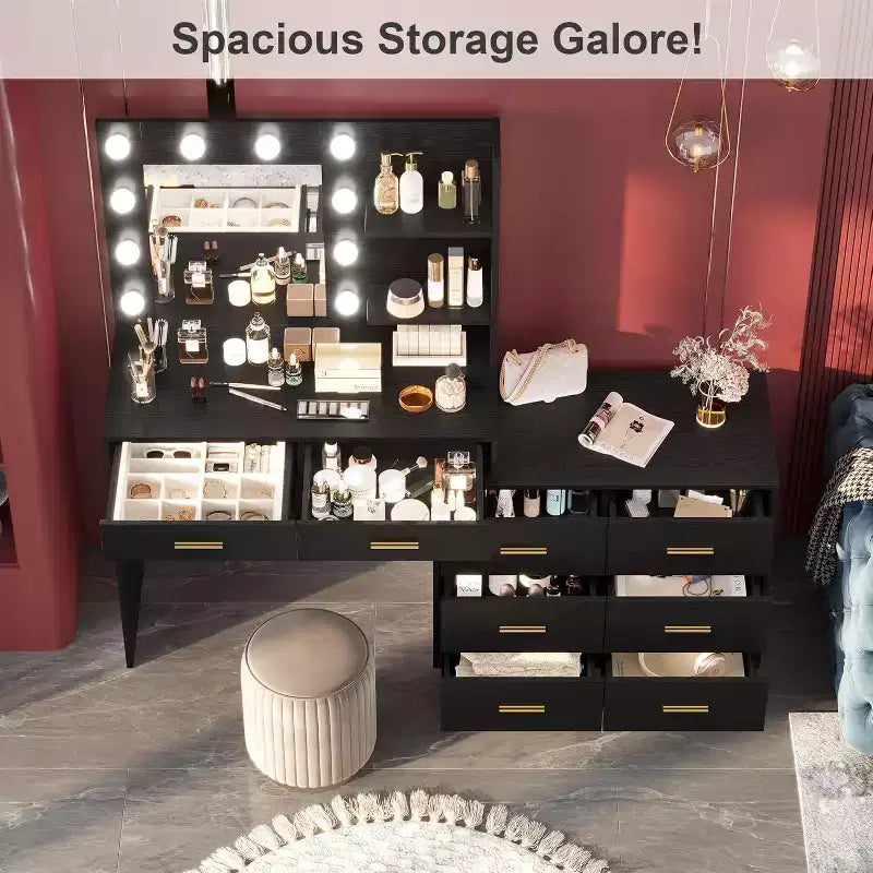 Coiffeuse de maquillage 61 po avec miroir et lumières, 8 grands tiroirs et 2 étagères, 3 modes d'éclairage, luminosité réglable