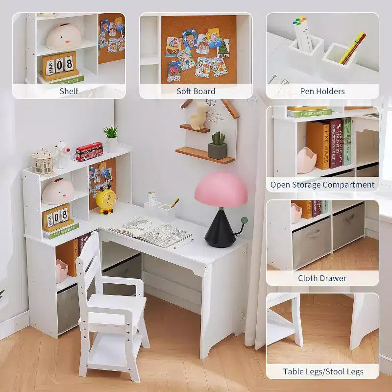 Bureau d'angle pour enfants, ensemble bureau et chaise pour enfants, table d'étude en forme de L pour enfants avec tableau d'affichage, étagères ouvertes, armoires de rangement et tiroirs en tissu