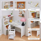 Bureau d'angle pour enfants, ensemble bureau et chaise pour enfants, table d'étude en forme de L pour enfants avec tableau d'affichage, étagères ouvertes, armoires de rangement et tiroirs en tissu