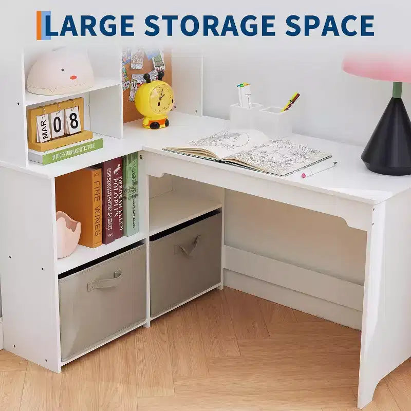 Bureau d'angle pour enfants, ensemble bureau et chaise pour enfants, table d'étude en forme de L pour enfants avec tableau d'affichage, étagères ouvertes, armoires de rangement et tiroirs en tissu