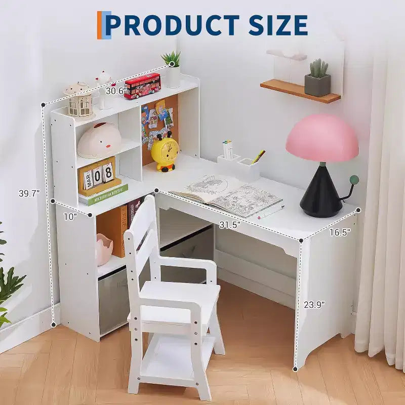 Bureau d'angle pour enfants, ensemble bureau et chaise pour enfants, table d'étude en forme de L pour enfants avec tableau d'affichage, étagères ouvertes, armoires de rangement et tiroirs en tissu