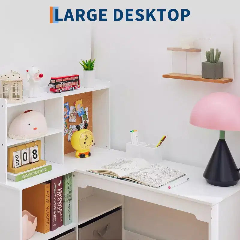 Bureau d'angle pour enfants, ensemble bureau et chaise pour enfants, table d'étude en forme de L pour enfants avec tableau d'affichage, étagères ouvertes, armoires de rangement et tiroirs en tissu
