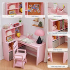 Bureau d'angle pour enfants, ensemble bureau et chaise pour enfants, table d'étude en forme de L pour enfants avec tableau d'affichage, étagères ouvertes, armoires de rangement et tiroirs en tissu
