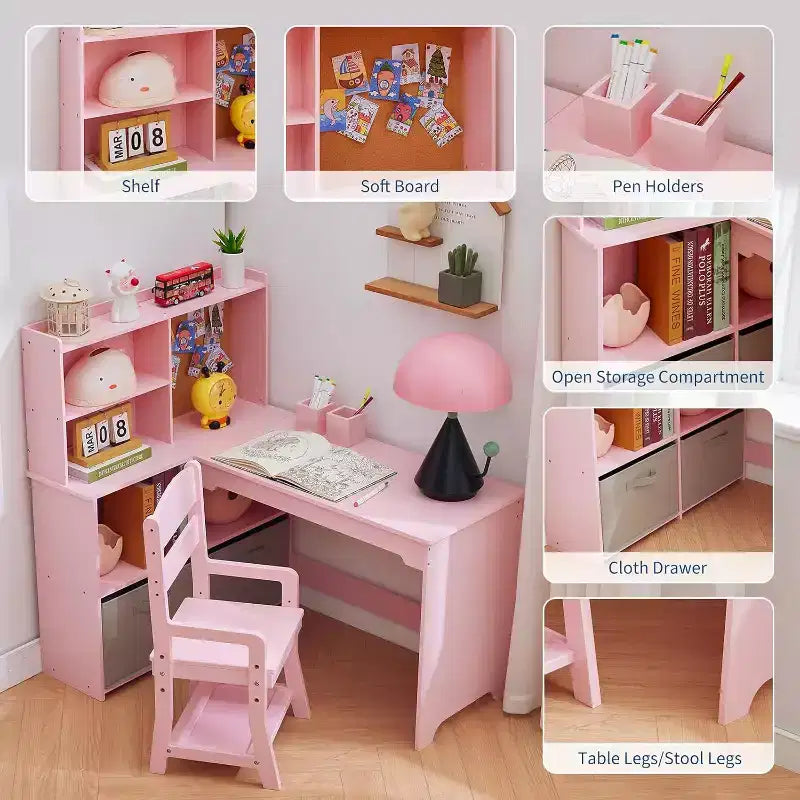Bureau d'angle pour enfants, ensemble bureau et chaise pour enfants, table d'étude en forme de L pour enfants avec tableau d'affichage, étagères ouvertes, armoires de rangement et tiroirs en tissu
