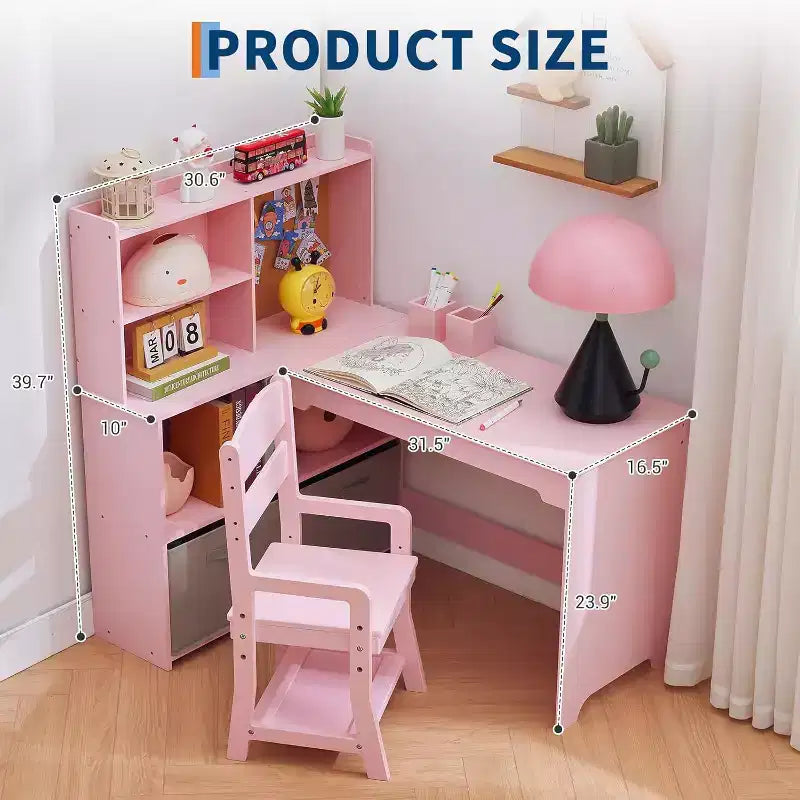 Bureau d'angle pour enfants, ensemble bureau et chaise pour enfants, table d'étude en forme de L pour enfants avec tableau d'affichage, étagères ouvertes, armoires de rangement et tiroirs en tissu