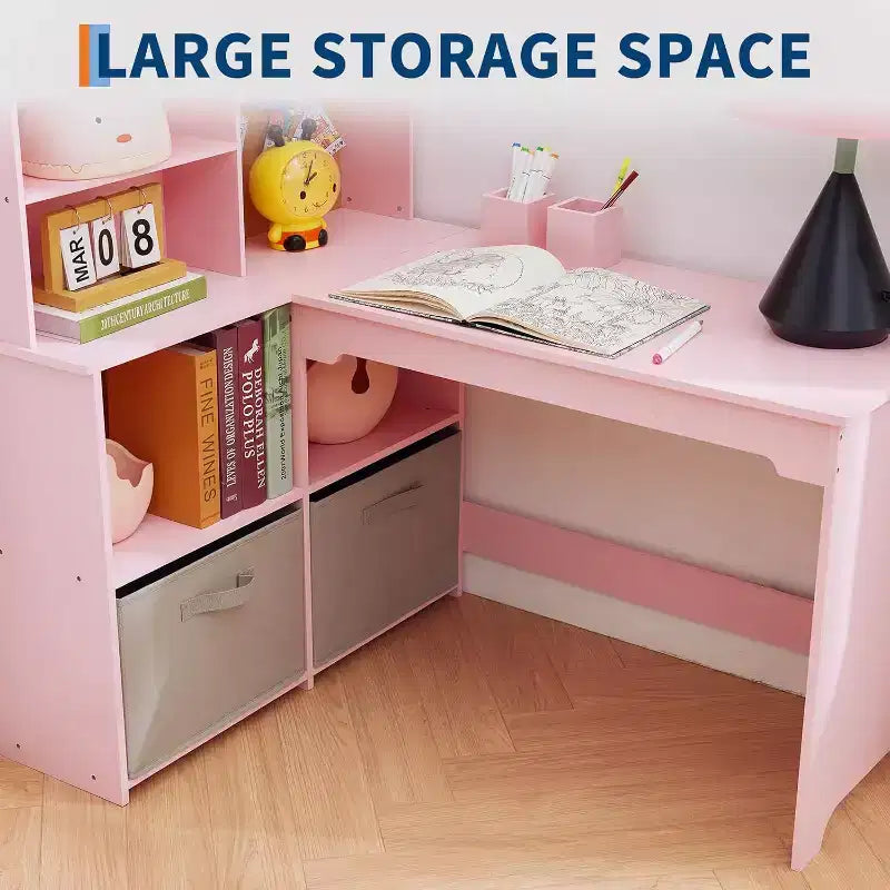 Bureau d'angle pour enfants, ensemble bureau et chaise pour enfants, table d'étude en forme de L pour enfants avec tableau d'affichage, étagères ouvertes, armoires de rangement et tiroirs en tissu