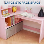 Bureau d'angle pour enfants, ensemble bureau et chaise pour enfants, table d'étude en forme de L pour enfants avec tableau d'affichage, étagères ouvertes, armoires de rangement et tiroirs en tissu