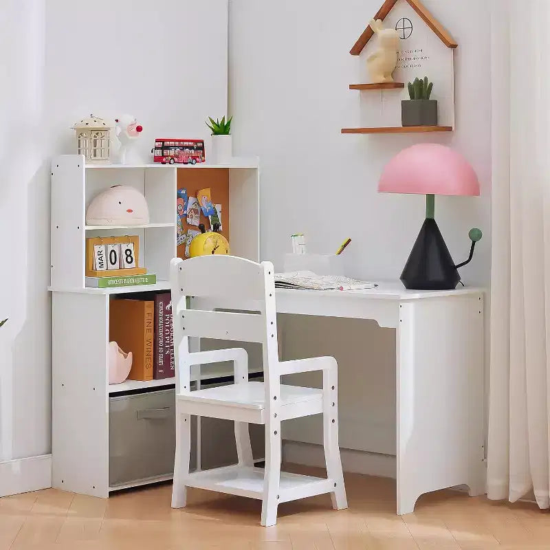 Bureau d'angle pour enfants, ensemble bureau et chaise pour enfants, table d'étude en forme de L pour enfants avec tableau d'affichage, étagères ouvertes, armoires de rangement et tiroirs en tissu