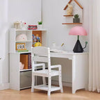 Bureau d'angle pour enfants, ensemble bureau et chaise pour enfants, table d'étude en forme de L pour enfants avec tableau d'affichage, étagères ouvertes, armoires de rangement et tiroirs en tissu