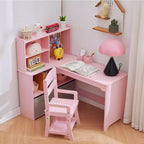 Kids Corner Desk, Desk and Chair Set for Children, L Shape Kids Study Table Features Bulletin Board Open Shelves Storage Cabinets and Cloth Drawers