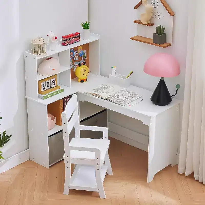 Bureau d'angle pour enfants, ensemble bureau et chaise pour enfants, table d'étude en forme de L pour enfants avec tableau d'affichage, étagères ouvertes, armoires de rangement et tiroirs en tissu
