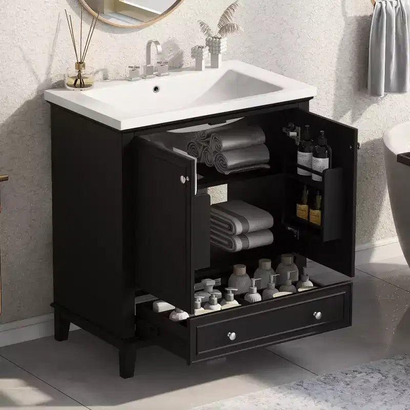 30 Bathroom Vanity with Sink Combo, Multi-functional Bathroom Cabinet with Doors and Drawer Black