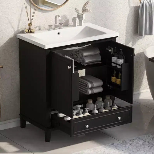 30 Bathroom Vanity with Sink Combo, Multi-functional Bathroom Cabinet with Doors and Drawer Black