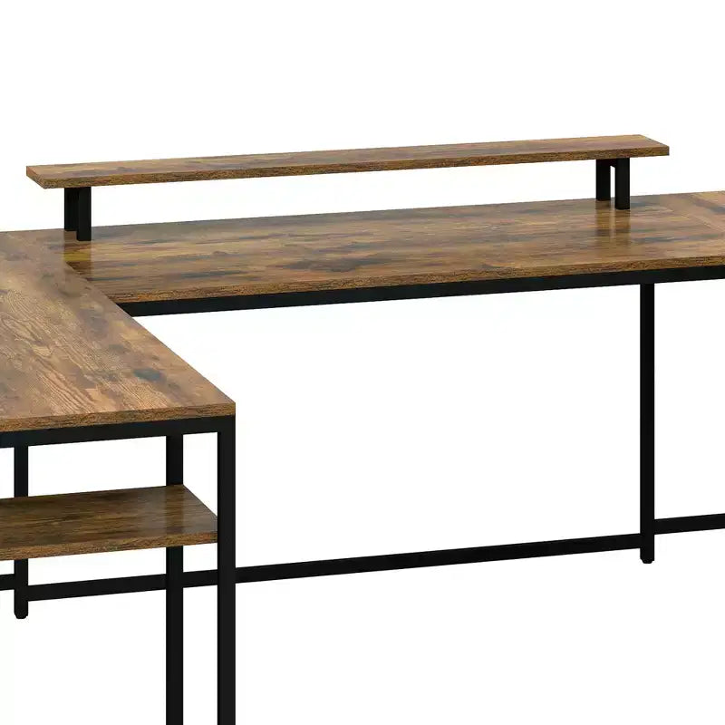 Bureau d'angle en U avec tiroirs, bureau d'ordinateur, bureau de travail avec support d'écran et étagères de rangement, marron