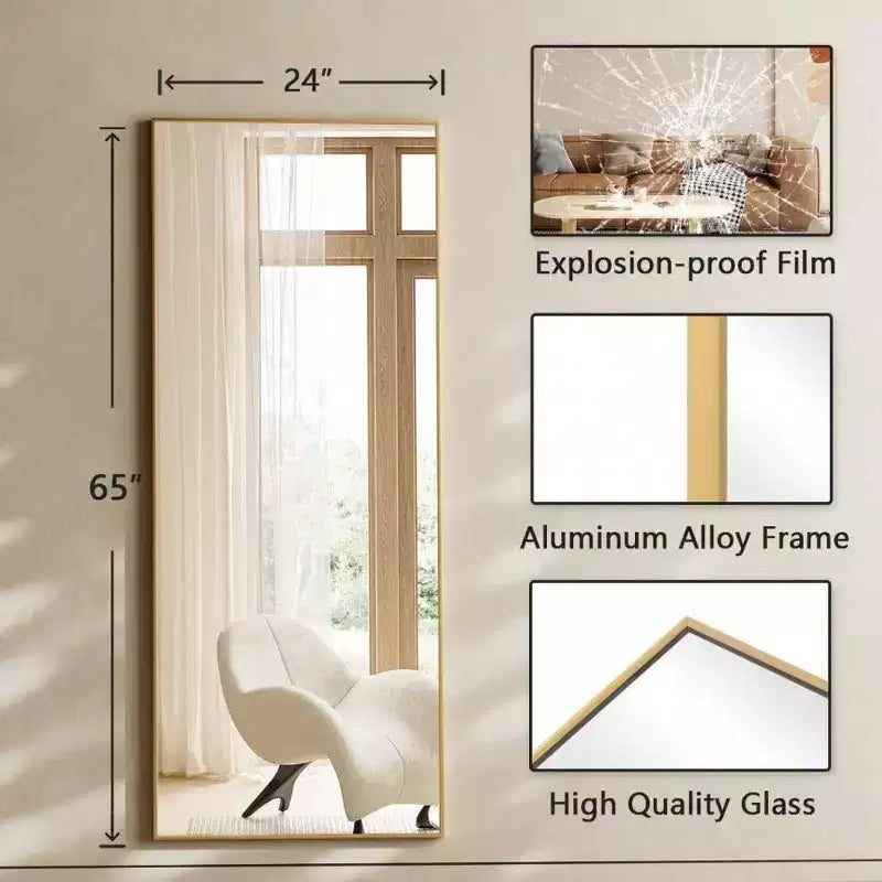 Grands miroirs muraux 65x24 pouces, miroir pleine longueur avec support, cadre en alliage d'aluminium doré, miroir sur pied pour chambre et salon